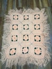 Vintage Crocheted Afghan Throw Blanket-peach Flowered-Fringe Edging