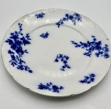 Antique OLD W H Grindley ROSE Pattern Flow Blue 9in Gold Trim Plate 10”