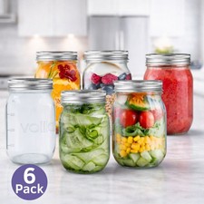 6 Pack Glass Mason Jars & Airtight Silver Lids Overnight Oats Preserving 490ml