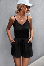 Women Sleeveless Casual Loose Pockets Solid Spaghetti V-Neck Summer Jumpsuit