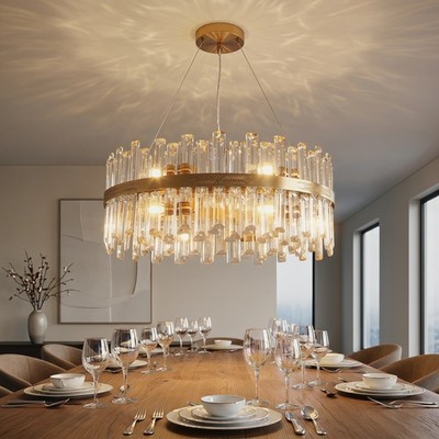 24'' Crystal Chandelier 12 Light Modern LED Gold Pendant Ceiling Kitchen Fixture