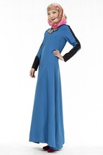 Muslim Women Round Neck Abaya Front Zipper Long Sleeve Kaftan Dress Party Gown