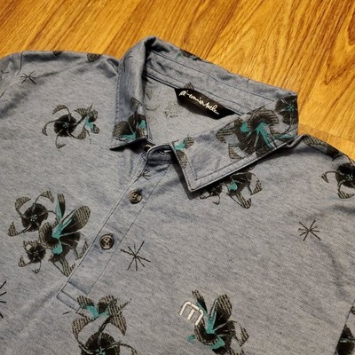 Travis Mathew Golf Polo Shirt Men Large Blue Floral Print Kiva Dunes Course