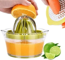 Exprimidor manual de cítricos, limón y naranja con vaso medidor y rallador integ