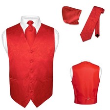 Men's Dress VEST NeckTie for Suit Tuxedo RED Color PAISLEY Design Tie Hanky Set