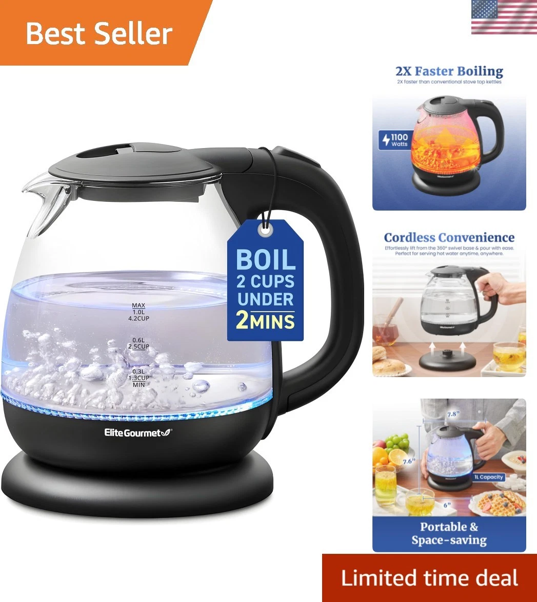 Electric 1.0L BPA-Free 1100W Glass Kettle Cordless 360° Base, Stylish Blue LE...