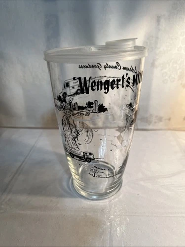 Vintage 1960s Wengerts Dairy Large Milk Glass Tumbler PA Dutch Graphics