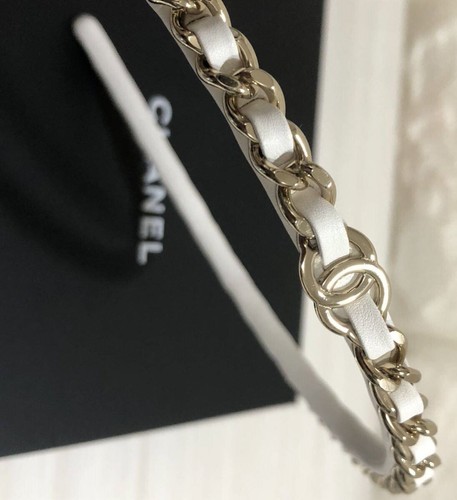 CHANEL Headband Hair band clip pin Barrette AUTH Coco CC Gold White Leather LOGO - 第 19/20 張圖片