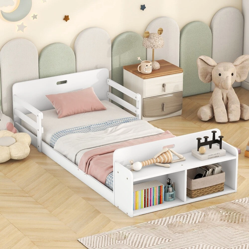 Twin Size Floor Bed Frame with Storage Footboard and Guardrail For