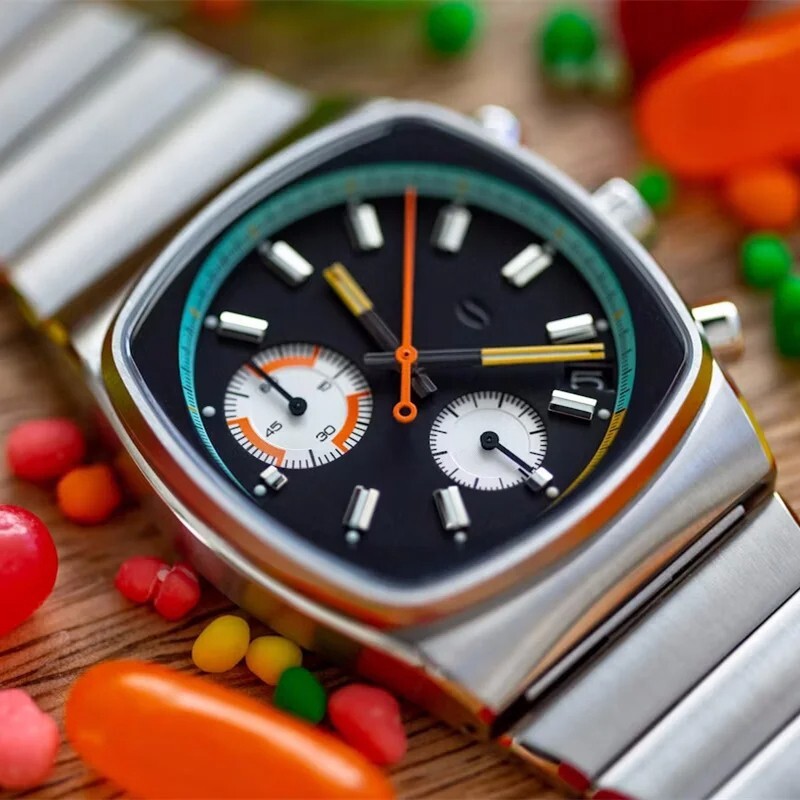 Retro Color Chronograph Watch Panda Dial, Brushed Steel, Racing Style