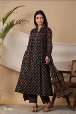 Block Print Cotton Anarkali Kurta Set with Pants, Black and Gold Floral Pattern
