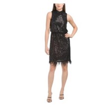 Nanette Lepore Womens Black Sequins High Neck Feather Trim Party Dress Sz 12 New