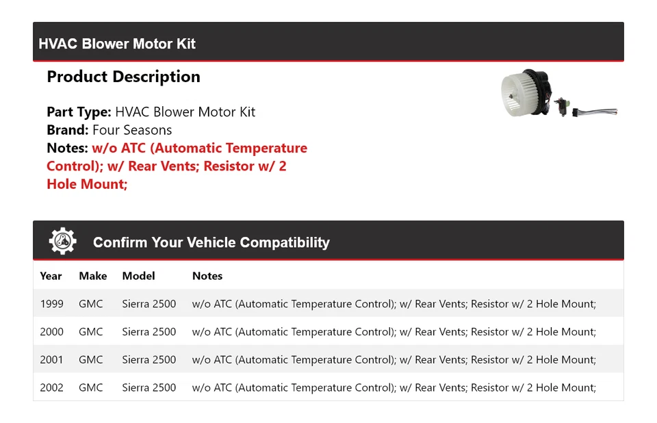 Kit de motor soprador HVAC para 1999-2002 GMC Sierra 2500 4 estações 2000 2001 - Imagem 2 de 3