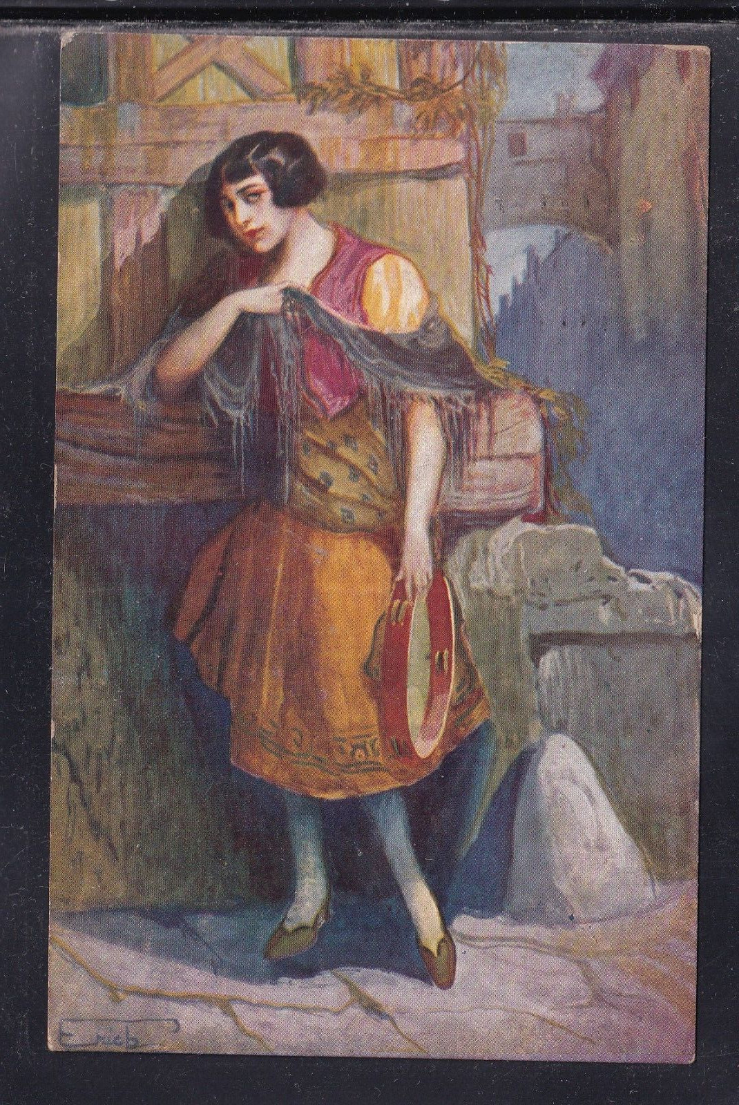 Cartolina Donna con Tamburello illustratore YA1211