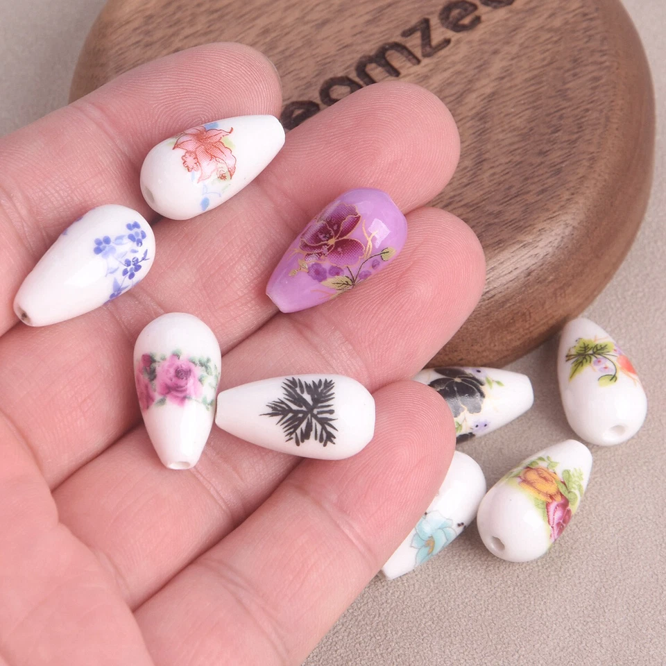 10pcs Flower Patterns 10x20mm Teardrop Shape Ceramic Porcelain Loose Beads Lot - Image 4 of 4