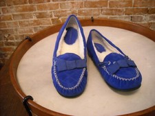 Isaac Mizrahi Moscow Royal Blue Quilted Suede Fur Moccasin Slipper NEW