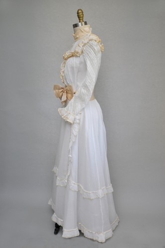 Antique VTG 1899 Edwardian Victorian White Cotton Silk Wedding Set Skirt Bodice - Picture 7 of 11