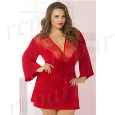 New sexy Women one size lingerie satin lace robe red plus size 10695X Christmas