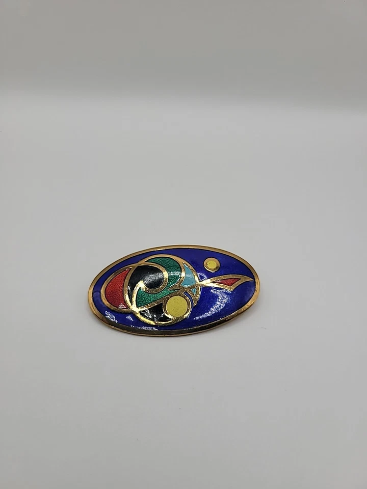 Broche abstracto vintage esmaltado Closonne azul rojo verde dorado ovalado prendedor modernista Foto 3 de 4