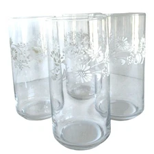 Libbey Vintage White Floral Print Clear Drinking Glasses 14oz. Set Of 4