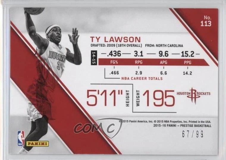 2015-16 Panini Prestige Bonus Shots Blue /99 Ty Lawson #113 - Image 2 of 2