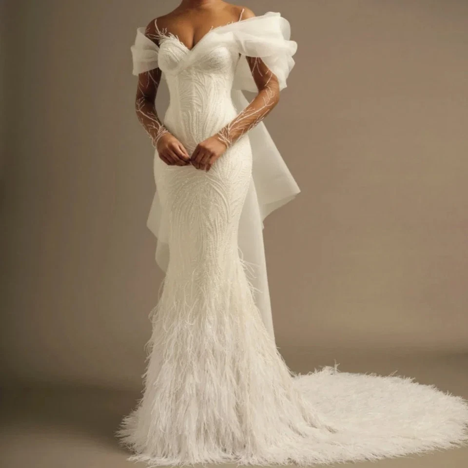 Luxury Mermaid Wedding Dresses Long Sleeves Detachable Train Feather Bridal Gown - Image 2 of 4
