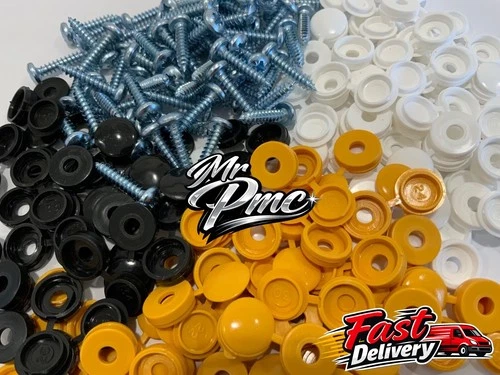 NUMBER PLATE CAR FIXING FITTING KIT SCREWS & CAPS HINGED BLACK YELLOW WHITE BULK