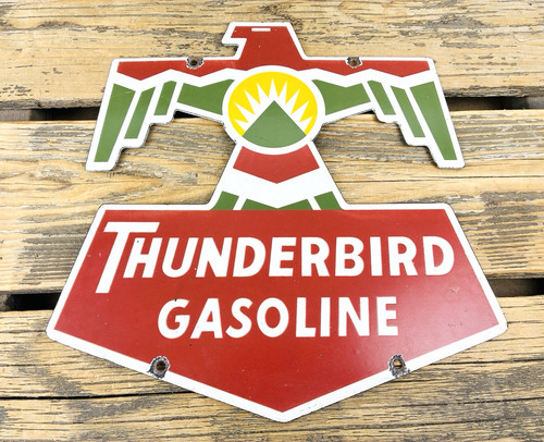 VINTAGE 12" THUNDERBIRD GASOLINE PORCELAIN PUMP STATION MOTOR OIL GAS SIGN