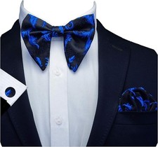Floral Blue Bow tie Adjustable Pre-tied Black Big Bowtie and Pocket Square Cu...