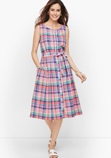 Talbots 100% Cotton MADRAS Plaid Preppy Easter Spring Shirt Dress 14P 14 Petite
