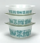 5 pc Pyrex Amish Butterprint Turquoise White Casserole Bowls w/Lid 471, 472, 473