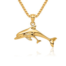 14K Solid Yellow Gold Dolphin Necklace
