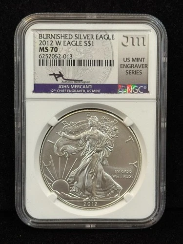 2012-W Burnished Silver Eagle $1 NGC MS70 Mercanti Signed Purple Label