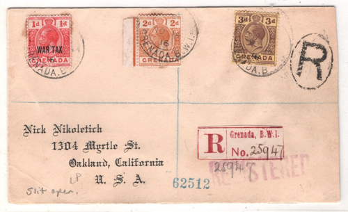 GRENADA WW1 Cover *WAR TAX* 1d KGV 2d 3d Registered 1916 Oakland CA USA MA2015