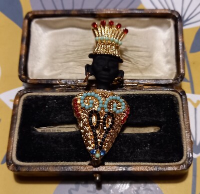 VINTAGE STYLE BLACK AFRICAN MAN SPARKLY RED & AQUA GOLDTONE BROOCH STUNNING