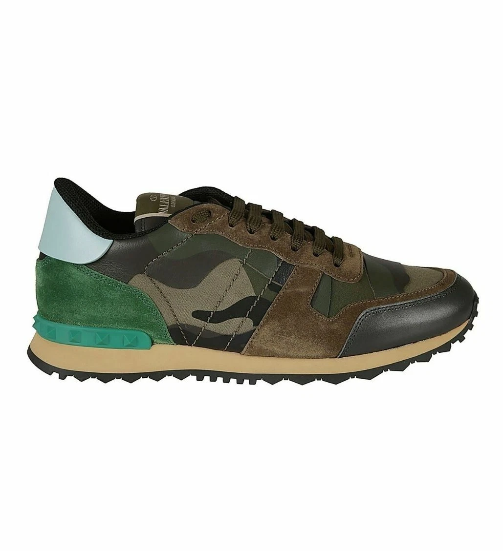 Valentino Garavani Rockrunner Camouflage Print Leather Stud Suede Sneaker Green
