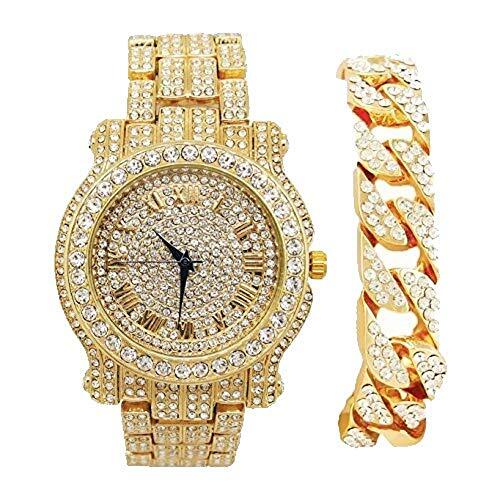 Reloj Elegante para Hombres Pulsera Brillante Oro Diamantes Dorado