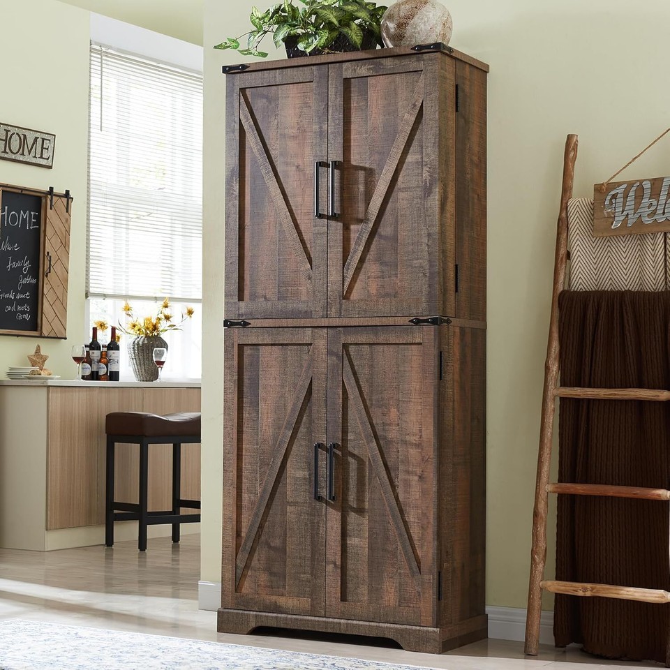 72" Tall Kitchen Pantry With Barn Doors, Drawer And Adjustable
