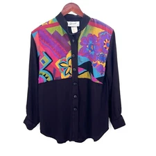 d. Frank Vintage 80s Black & Colorful Long Sleeve Button Down Blouse Womens 6