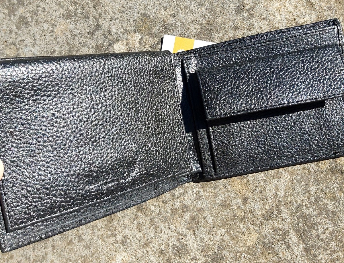 Large TIMBERLAND Black Mottled LEATHER TRIFOLD WALLET Notes Cards 