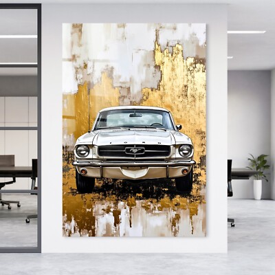  Gold Ford Mustang Oldtimer Auto Kunst Wandbild Acrylglas, Leinwand oder Poster
