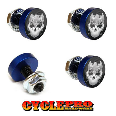 4 Vivid Blue Billet License Plate Frame Tag Bolts - FLAME SKULL CRACKED - 078