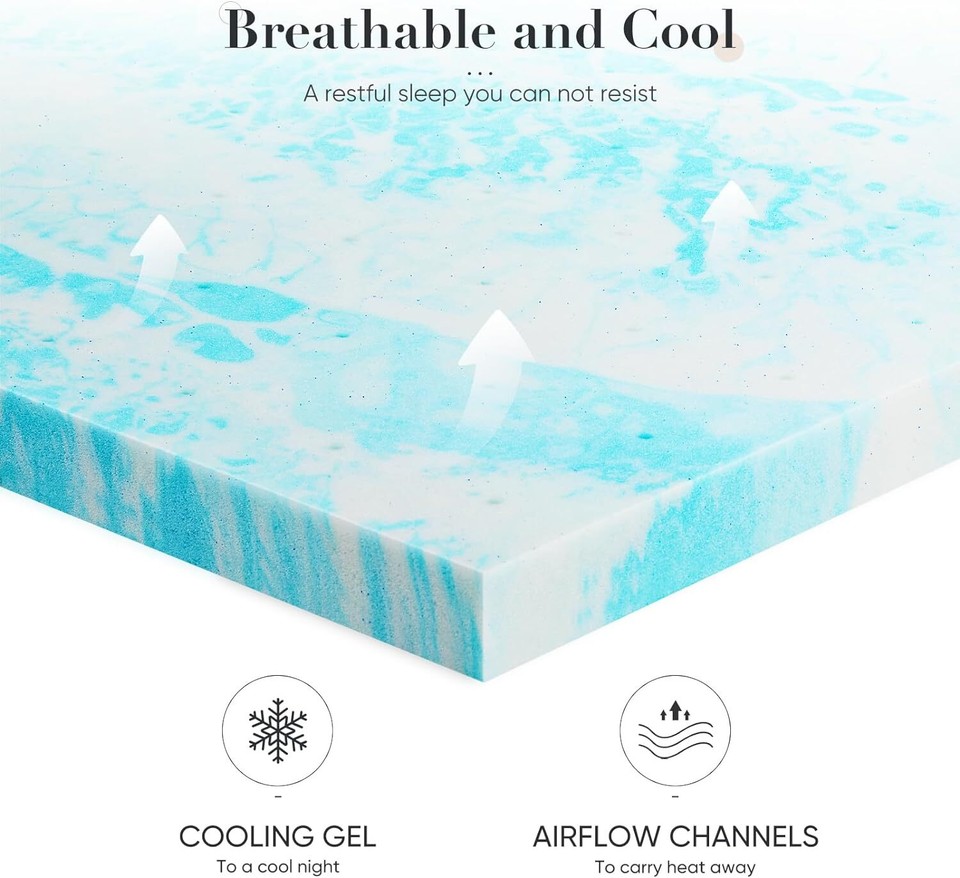 3 Inch Gel Memory Foam Mattress Topper - Queen Size Cooling Pad For Bed, Sleeper Sofa, Or Camping