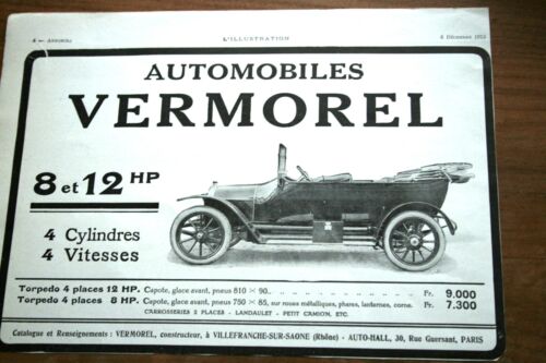 automobiles 1913 VERMOREL Torpedo 8 12 hp VILLEFRANCHE S/SAONE PUB AD - Foto 1 di 1