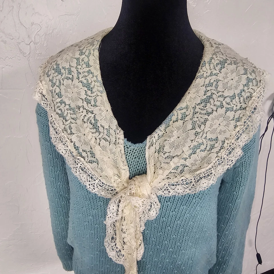 Suéter de punto azul Charter Club by Jane Justin de colección cuello de encaje para mujer talla M Foto 3 de 4