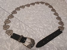 Vintage Unique Black Leather Silver Tone Heart Shape Medallion Belt Size XL 43"