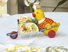 Vintage J Chein No. 29 Easter Chick Pulling Cart Tin Litho Toy Working 1950