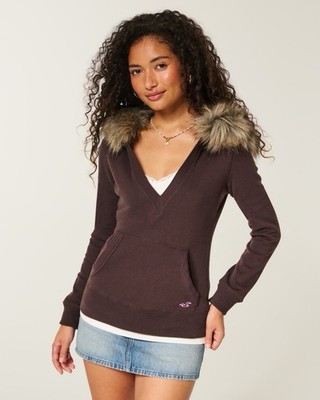 NWT Hollister Feel Good Faux Fur Trim V-Neck Hoodie Brown Size