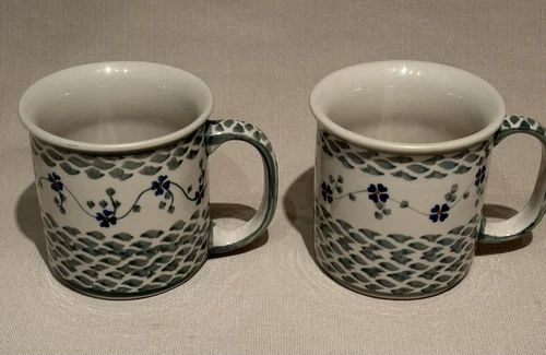 Pair Boleslawiec Green Blue Clover/Shamrock Polish Pottery Mugs