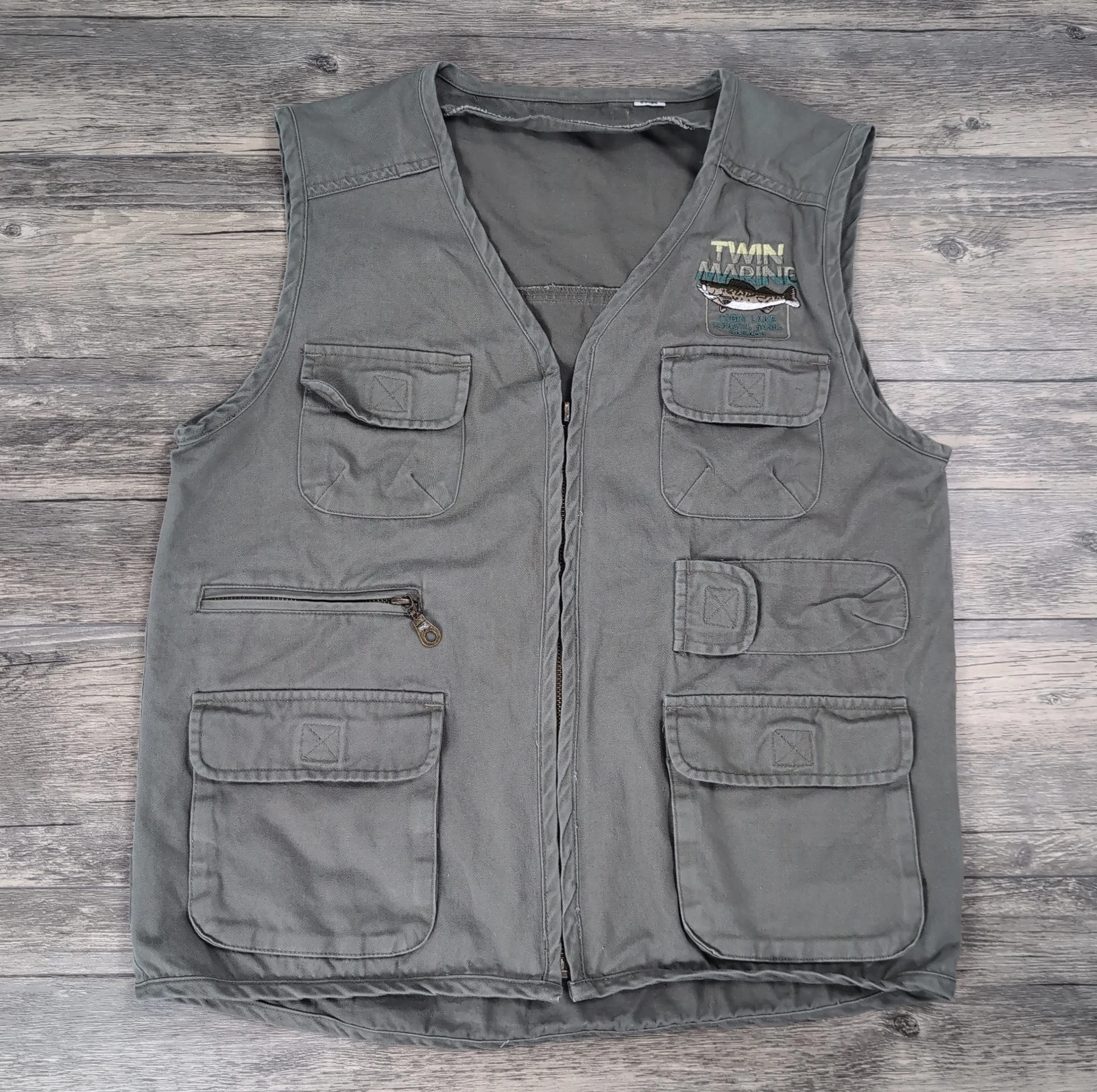 VTG Twin Marine Tobin Lake Saskatchewan Fishing Vest Khaki Utility Pockets Small
